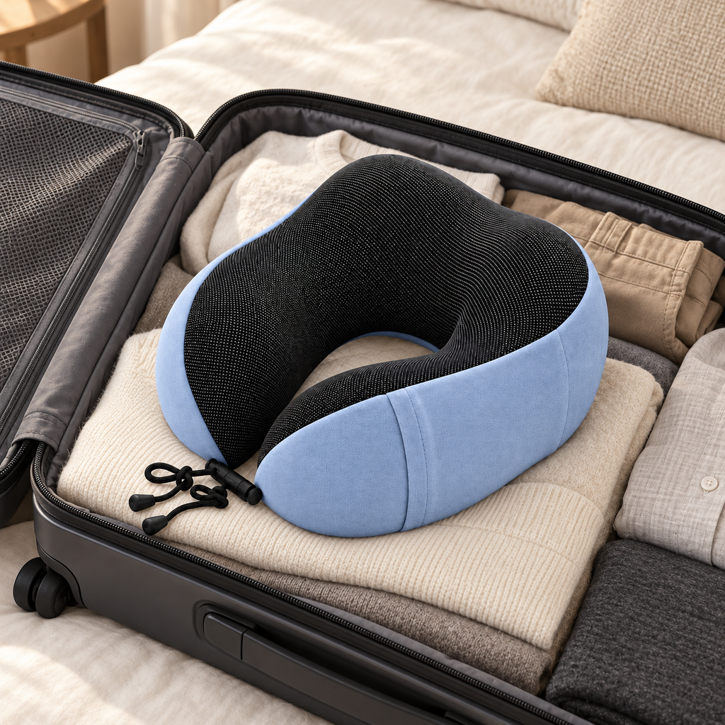 Coussin cervical Euler bleu placé dans une valise ouverte