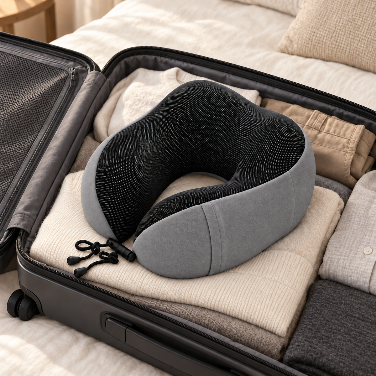 Coussin cervical Euler gris dans une valise