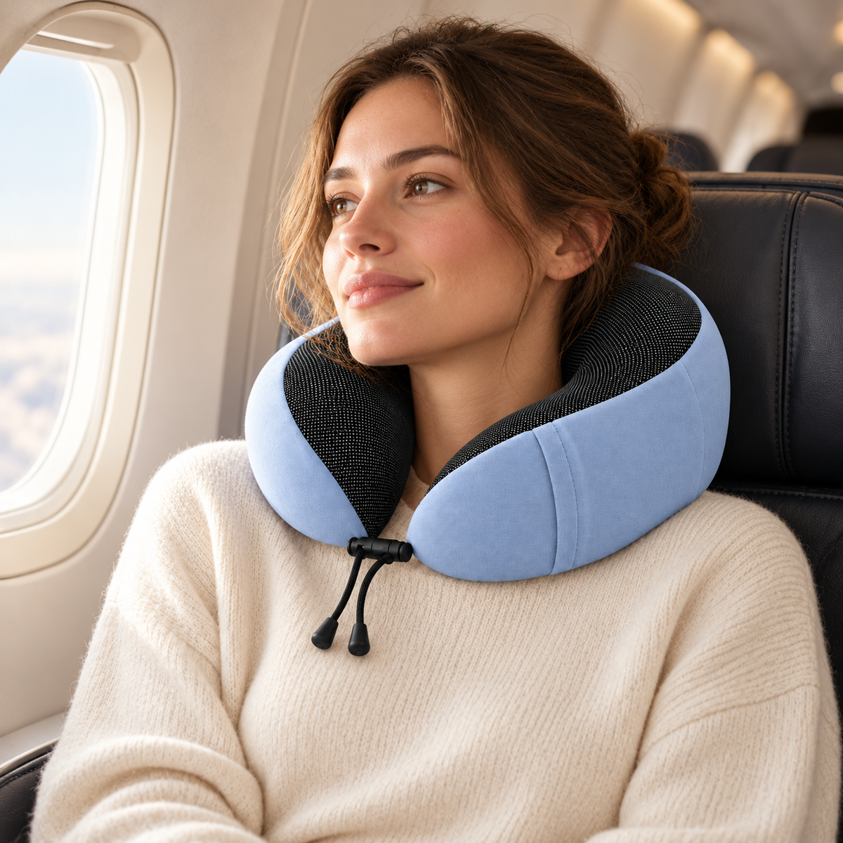 Coussin cervical Euler bleu porté autour du cou en avion