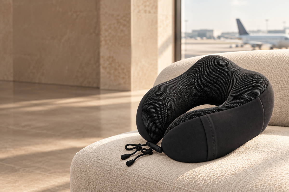 Coussin cervical Euler noir dans un salon d’aéroport